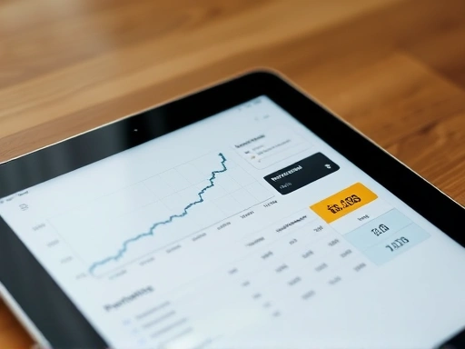 수익률 그래프와 투자 포트폴리오가 담긴 태블릿, 분석적이고 희망찬 분위기