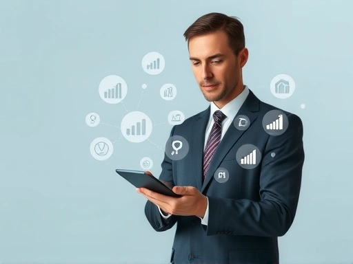 세련된 디자인과 차분한 색상으로 전문적인 느낌을 강조하고, 다양한 경제 지표 아이콘을 배치하여 정보의 신뢰성을 높이며, 투자 결정을 돕는 분석적인 분위기