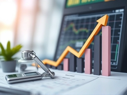 성장하는 그래프와 투자 도구를 클로즈업하여, 희망찬 분위기