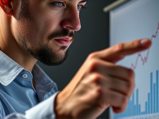 손으로 그래프를 가리키며 분석하는 투자자의 클로즈업, 날카로운 조명과 진지한 표정으로 전문성과 집중력을 강조