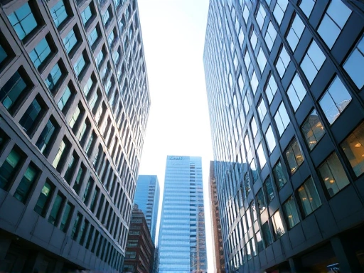 펀드 운용사 건물의 넓은 각도 샷은 전문적인 분위기