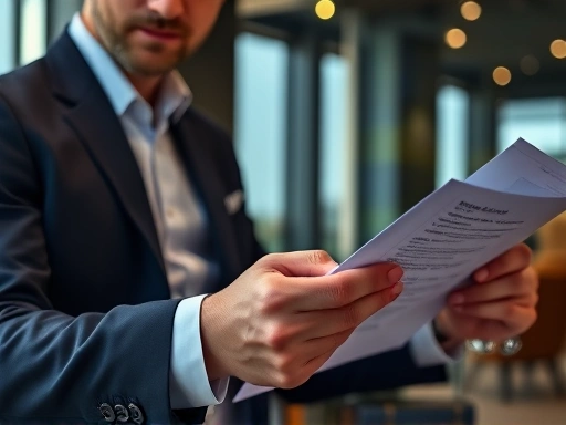 세련된 사무실에서 서류를 검토하는 금융 전문가의 클로즈업 샷은 깊이 있는 분석과 신중한 의사 결정을 상징합니다.