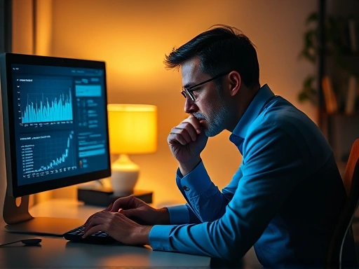한 투자자가 컴퓨터 앞에서 펀드 정보를 분석하며 진지하게 고민하는 모습