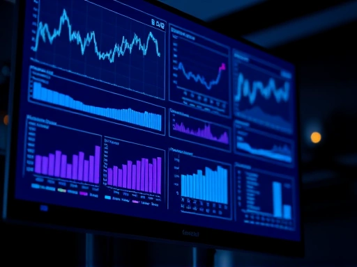 다양한 그래프와 차트가 표시된 화면을 클로즈업하여 보여주며, 세부적인 투자 분석 과정을 강조합니다.