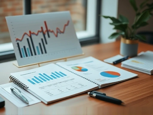 책상 위에 놓인 그래프, 통계, 차트 분석 자료들을 보여주는 핵심 스토리 요소, 부드러운 조명과 따뜻한 색상으로 신뢰감과 안정감을 표현하는 첫 번째 이미지