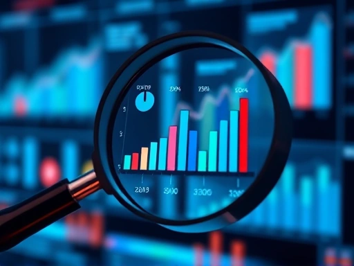 돋보기로 그래프를 분석하고, 중요한 지표를 클로즈업하는 세부 요소, 전문적인 촬영 스타일과 분석적인 조명으로 데이터 기반의 의사 결정을 강조하는 두 번째 이미지