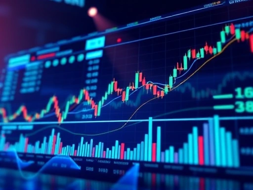 역동적인 차트와 그래프가 있는 금융 시장의 시각적 표현, 전략적 분석 및 데이터 중심 결정을 위한 전문적인 환경 조성, 부드러운 조명과 차분한 색상 팔레트