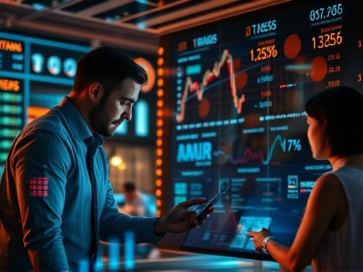 복잡한 데이터 스트림과 상호 작용하는 금융 전문가의 세부 묘사, 정보에 입각한 결정을 내리기 위해 주의와 분석을 강조, 따뜻한 조명과 집중적인 분위기