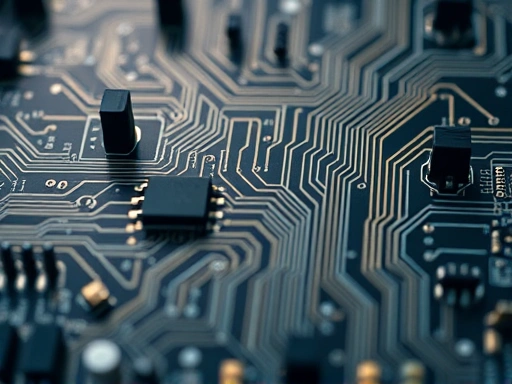 클로즈업 렌즈로 촬영된 복잡한 회로 기판은 기술적 복잡성과 금융 시장의 연결성을 보여줍니다.