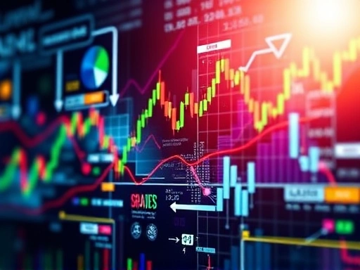다양한 색상의 그래프와 화살표가 혼합된 추상적인 금융 시장 시각화는 불확실성과 기회를 동시에 반영합니다.