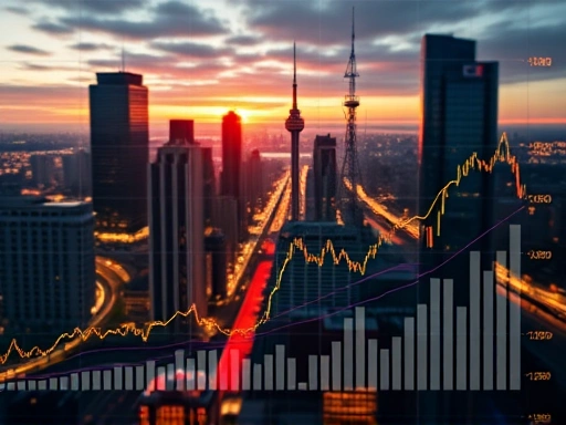 역동적인 도시 풍경을 배경으로 한 차트와 그래프를 보여주는 이미지