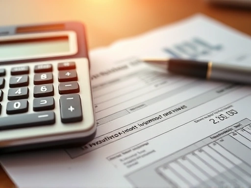 클로즈업된 계산기와 펜, 그리고 펀드 투자 관련 서류들이 놓여진 이미지