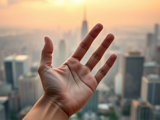 탁 트인 도시 경관을 배경으로 한 손, 편안한 손 제스처로 미래의 재정적 성공과 장기적인 목표 달성을 시각적으로 표현, 따뜻한 색조와 부드러운 조명으로 희망과 긍정적인 분위기