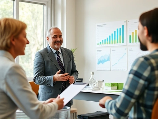 다양한 펀드 그래프와 차트가 있는 사무실에서 펀드 투자 전문가가 밝은 표정으로 고객에게 설명하는 장면