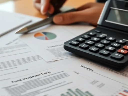 탁자 위에 놓인 펀드 투자 관련 서류와 계산기를 클로즈업하여 보여주는 이미지