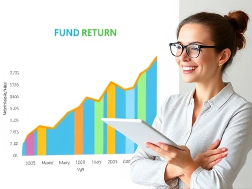 다채로운 색감과 그래픽으로 표현된 펀드 수익률 차트, 투자 성과를 분석하는 밝은 분위기