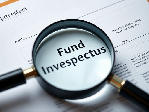 돋보기로 펀드 투자 설명서를 자세히 살펴보는 클로즈업 장면