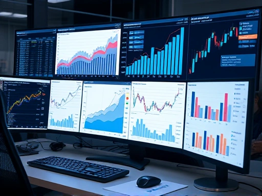 다양한 그래프와 차트가 돋보이는 금융 데이터 분석가의 작업 공간을 묘사한 이미지