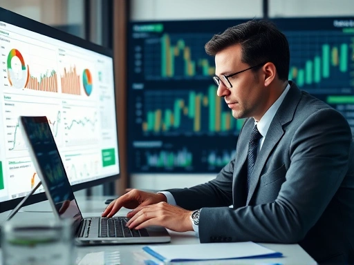 한 분석가가 복잡한 금융 모델과 데이터 분석을 통해 투자 전략을 최적화하는 모습