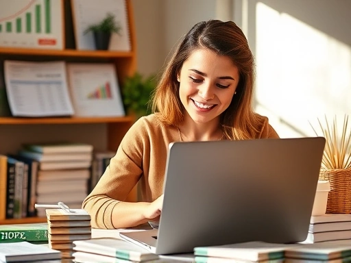 한 여성이 밝은 미소로 노트북을 보며 펀드 투자 정보를 확인하고 있습니다.