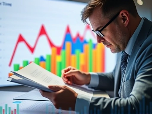 다채로운 색상의 그래프가 역동적으로 솟아오르며 불확실한 미래를 암시하는 가운데, 한 투자자가 고심하며 서류를 검토하는 모습