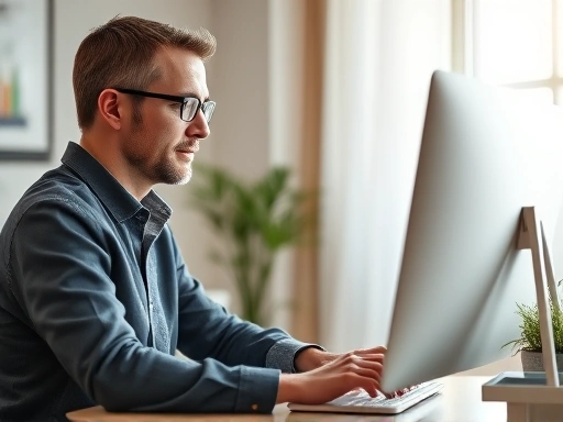 한 남자가 컴퓨터 앞에서 펀드 투자 정보를 분석하며 신중하게 고민하는 모습
