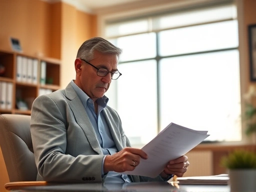 밝은 햇살이 비치는 사무실에서 펀드 관련 서류를 검토하는 투자자의 모습