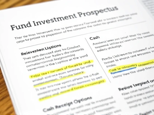 재투자, 현금 수령 옵션이 담긴 펀드 투자 설명서 클로즈업, 꼼꼼한 검토를 유도하는 세부 묘사와 강조된 텍스트, 정보에 집중하게 만드는 정밀한 촬영