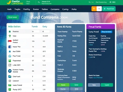 다양한 펀드 정보가 한눈에 보이는 펀드 비교 사이트 화면, 밝고 활기찬 색상으로 정보 접근성을 강조하는 이미지