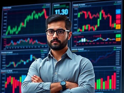 다양한 펀드 그래프가 있는 금융 시장 분석가가 데이터 중심 환경에서 복잡한 시각적 스타일과 미묘한 색상 변화로 전문성을 보여주는 첫 번째 이미지