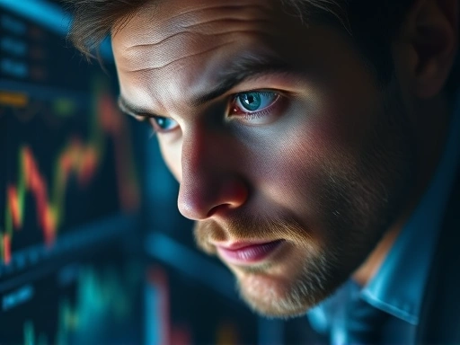 집중된 시선으로 차트가 겹쳐진 화면을 검토하는 투자자의 클로즈업으로, 정보에 입각한 의사 결정을 위한 진지함과 정밀함을 강조하는 미묘한 조명과 촬영 스타일을 보여주는 두 번째 이미지