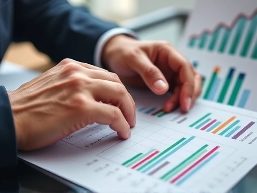 투자 포트폴리오를 분석하는 투자자의 손과 차트가 클로즈업되어 전문적인 투자 분석을 강조, 정밀한 촬영과 분석적인 분위기