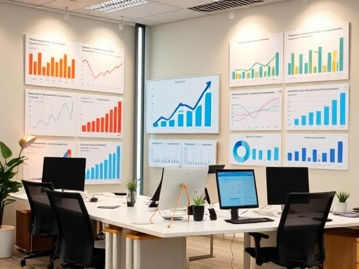 다양한 펀드 차트와 그래프가 있는 사무실, 상세한 데이터 분석 및 투자 결정을 위한 정보를 제공하는 시각적 스타일, 전문적인 분위기
