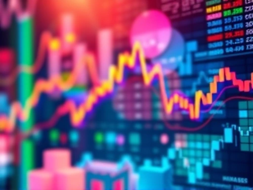 다채로운 색상과 질감을 지닌 추상적인 금융 시장의 배경이 있는 장면