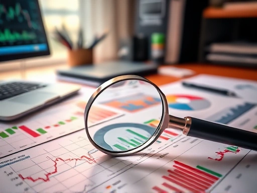 다채로운 색상의 주식 차트와 금융 기호로 덮인 사무실 책상 위에 놓인 돋보기, 금융 성공에 대한 분석적 탐구를 암시하는 따뜻한 조명과 초점 심도로 구성된 이미지