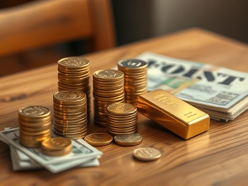 투자 자산을 나타내는 금괴, 동전 더미, 지폐 다발이 놓인 나무 테이블 클로즈업 샷, 재정적 열망을 강조하는 따뜻한 조명과 전략적 구도로 구성된 이미지