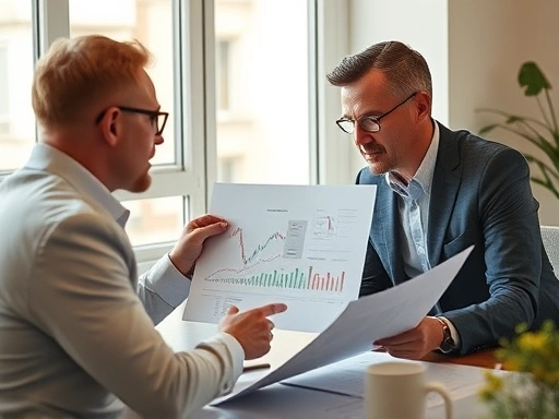 한 투자 상담사가 고객과 미팅하며, 차트를 설명하고 분석하는 모습