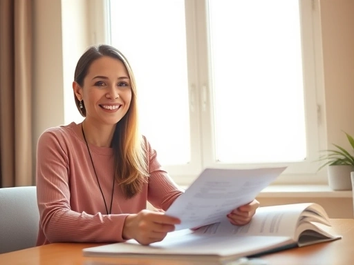 한 여성이 밝은 햇살이 비치는 창가에서 편안하게 미소지으며, 테이블 위에 놓인 투자 관련 서류를 검토하고 있다.
