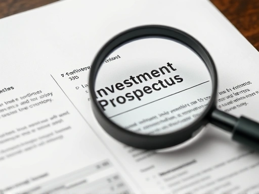 돋보기로 투자 설명서의 특정 부분을 확대하여 보여주는 클로즈업 샷.