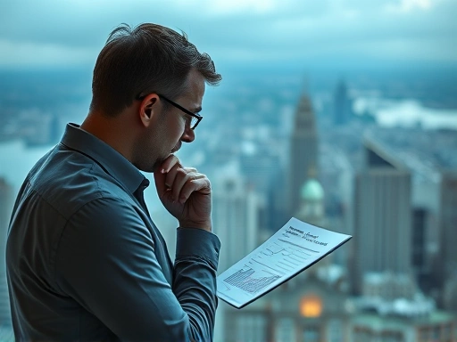 탁 트인 도시 풍경을 배경으로 한 남성이 깊이 생각에 잠긴 채 펀드 투자 관련 데이터를 분석하는 장면