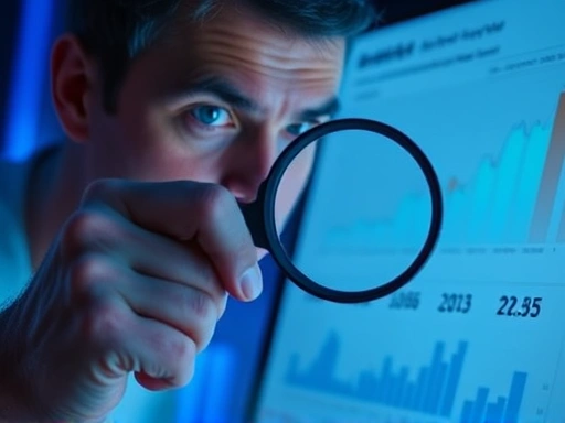 돋보기로 투자 분석 자료를 자세히 살펴보는 손, 전문적인 느낌을 주는 푸른색 조명과 진지한 표정으로 신중함을 강조하는 두 번째 이미지