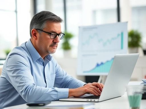 한 남자가 노트북으로 펀드 정보를 검색하며 진지하게 분석하는 모습
