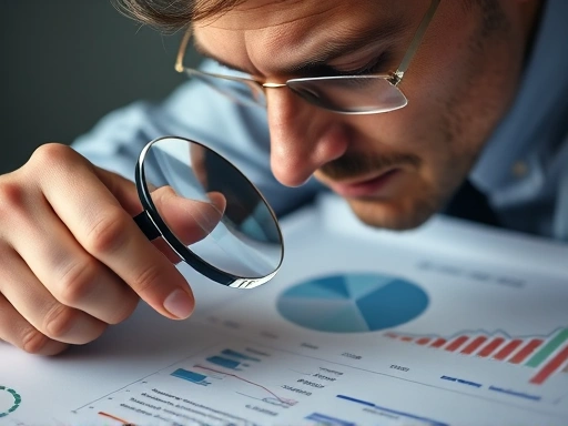 투자자가 돋보기로 복잡한 금융 차트를 자세히 분석하는 모습