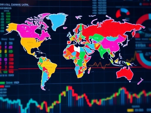 다채로운 색상의 세계 지도 배경에 금융 차트가 겹쳐진 이미지