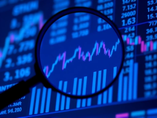 돋보기로 주식 시장 데이터를 분석하는 클로즈업 이미지