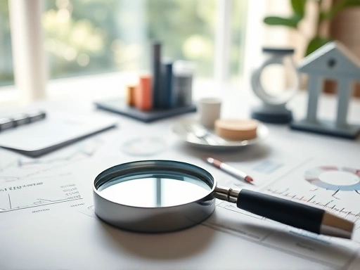 다양한 금융 상품이 펼쳐진 테이블 위에 돋보기가 놓여져 있으며, 부드러운 자연광이 은은하게 비추어 신중한 투자 분석의 분위기