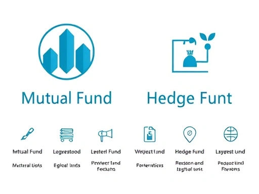 뮤추얼 펀드와 헤지 펀드 로고가 나란히 배치되어 있고, 그 아래에는 두 펀드의 주요 특징을 나타내는 아이콘들이 정돈되어 있어, 정보의 명확성을 강조합니다.