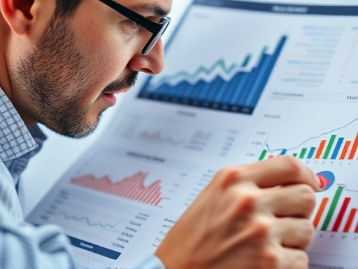복잡한 금융 데이터를 분석하는 분석가의 클로즈업 샷은 정보에 입각한 투자 전략과 의사 결정을 강조합니다.