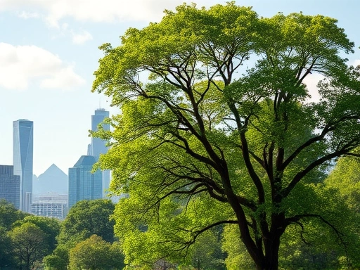 푸른 잎이 무성한 나무와 도시의 스카이라인이 조화롭게 어우러진 풍경을 담은 이미지