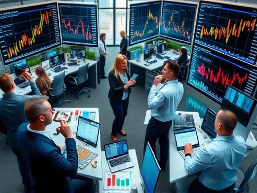 다채로운 색상의 통계 차트와 그래프가 있는 분주한 사무실 환경, 재무 데이터와 시장 동향을 분석하는 투자 전문가의 시선을 사로잡는 고각도 샷, 전문성과 역동적인 에너지의 분위기